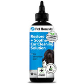 Pet Honesty Restore + Soothe ear cleaner bottle for gentle pet ear cleansing.
