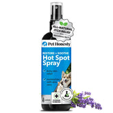 Pet Honesty Restore + Soothe hot spot spray bottle calms itchy hot spots on dogs and cats.
