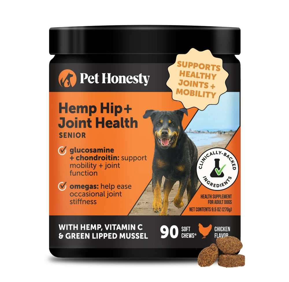 Pet Honesty Senior Hip and Joint chews bottle improving daily mobility for aging dogs