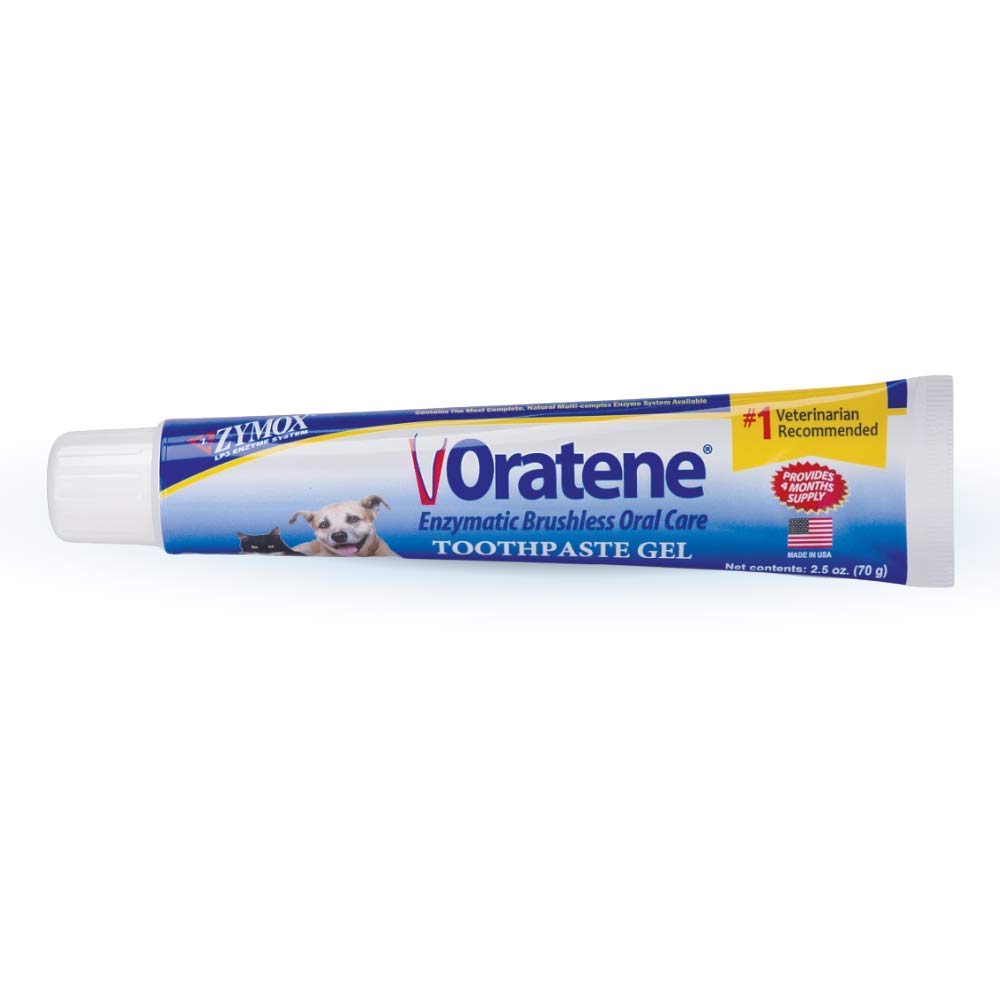 ZYMOX Oratene brushless toothpaste gel in front view shows a clean, easy-to-use dental care option for pets