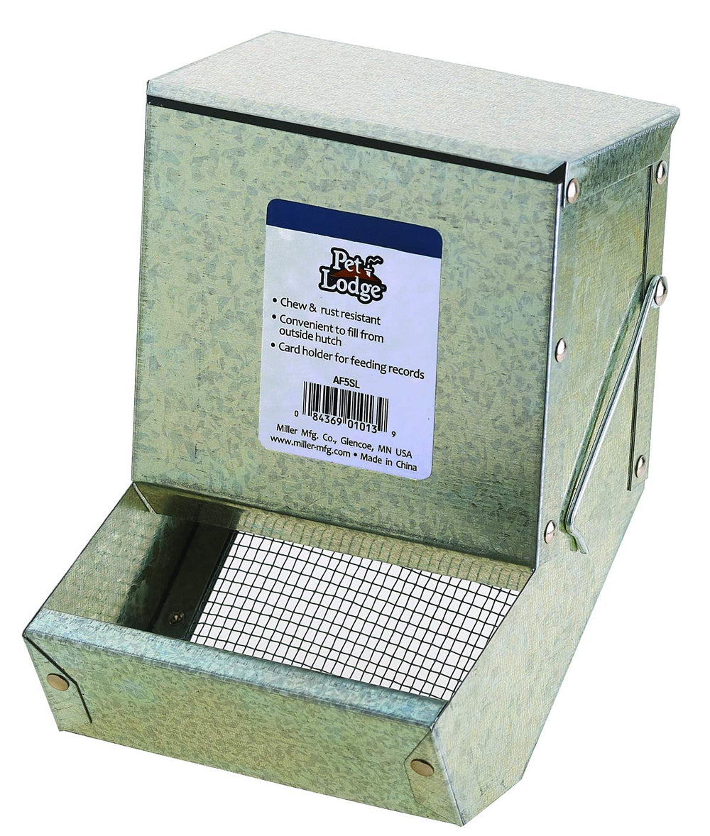 Pet Lodge steel small animal feeder with lid and sifter bottom for controlled feeding.