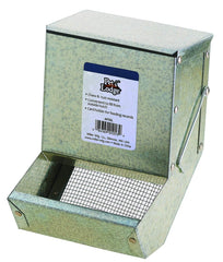 Pet Lodge steel small animal feeder with lid and sifter bottom for controlled feeding.