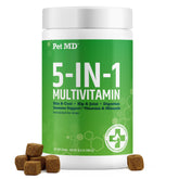 Pet MD 5in1 dog multivitamin bottle with tasty chews for daily support.