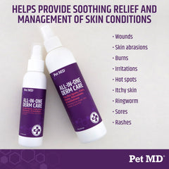 Pet MD All-in-One Derm Care on dog shows itch relief potential.