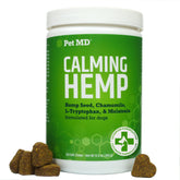 Pet MD Calming Chews bottle with treats, promoting gentle calm in dogs.