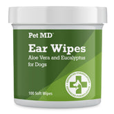 Pet MD dog ear cleaning wipes packaging close-up, easy ear care.