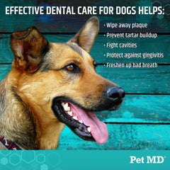 Pet MD dental wipes in use on a dog's mouth for fresh breath.