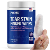 Pet MD Finger Wipes removing tear stains on dogs and cats.