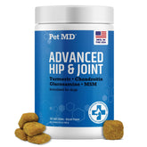 Pet MD Glucosamine for Dogs bottle shows the joint supplement for daily use.