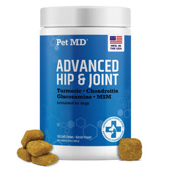 Pet MD Glucosamine for Dogs bottle shows the joint supplement for daily use.