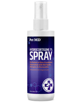 Pet MD hydrocortisone spray bottle showing easy application for itchy skin relief