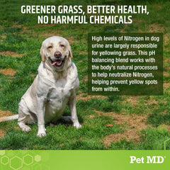Pet MD Lawn Aid Chews probiotic blend supports gut health.