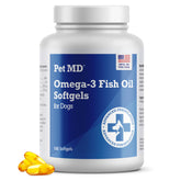 Pet MD Omega-3 dog oil bottle supports a healthy coat and skin.
