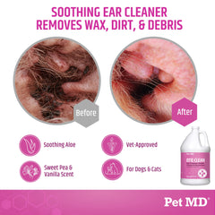 Pet MD Otic-Clean bottle pour showing easy ear-cleaning application