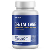 Pet MD PlaqueOff dog teeth powder ready to sprinkle on meals for easier care.