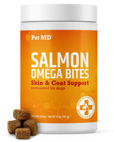 Pet MD Salmon Omega Bites dog treats for skin comfort and coat shine.