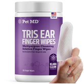 Pet MD Tris Ear Finger Wipes packaging for pets, convenient cleansing on the go