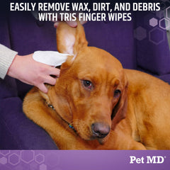 Pet MD Tris Ear Wipes on fingertip for precise cleaning