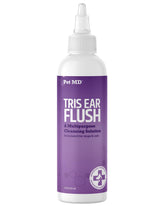 Pet MD Tris Flush bottle pour enables gentle at-home ear cleaning.