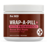 Pet MD Wrap-A-Pill bacon flavor paste tub showing easy pill concealment for dogs.