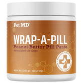 Pet MD Wrap A Pill paste bottle closeup highlighting peanut butter flavor for easy pill time.