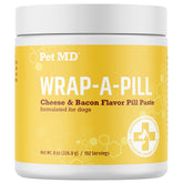 Pet MD Wrap A Pill bottle shows easy pill concealment with delicious cheese and bacon flavor.