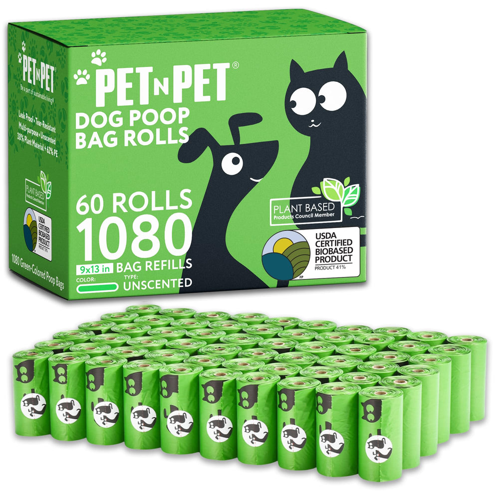 PET N PET 1080-count rolls of green poop bags for daily cleanup.