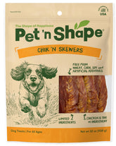 Pet 'n Shape Chik 'n Skewers chicken-wrapped rawhide chew for dogs; flavorful and durable.