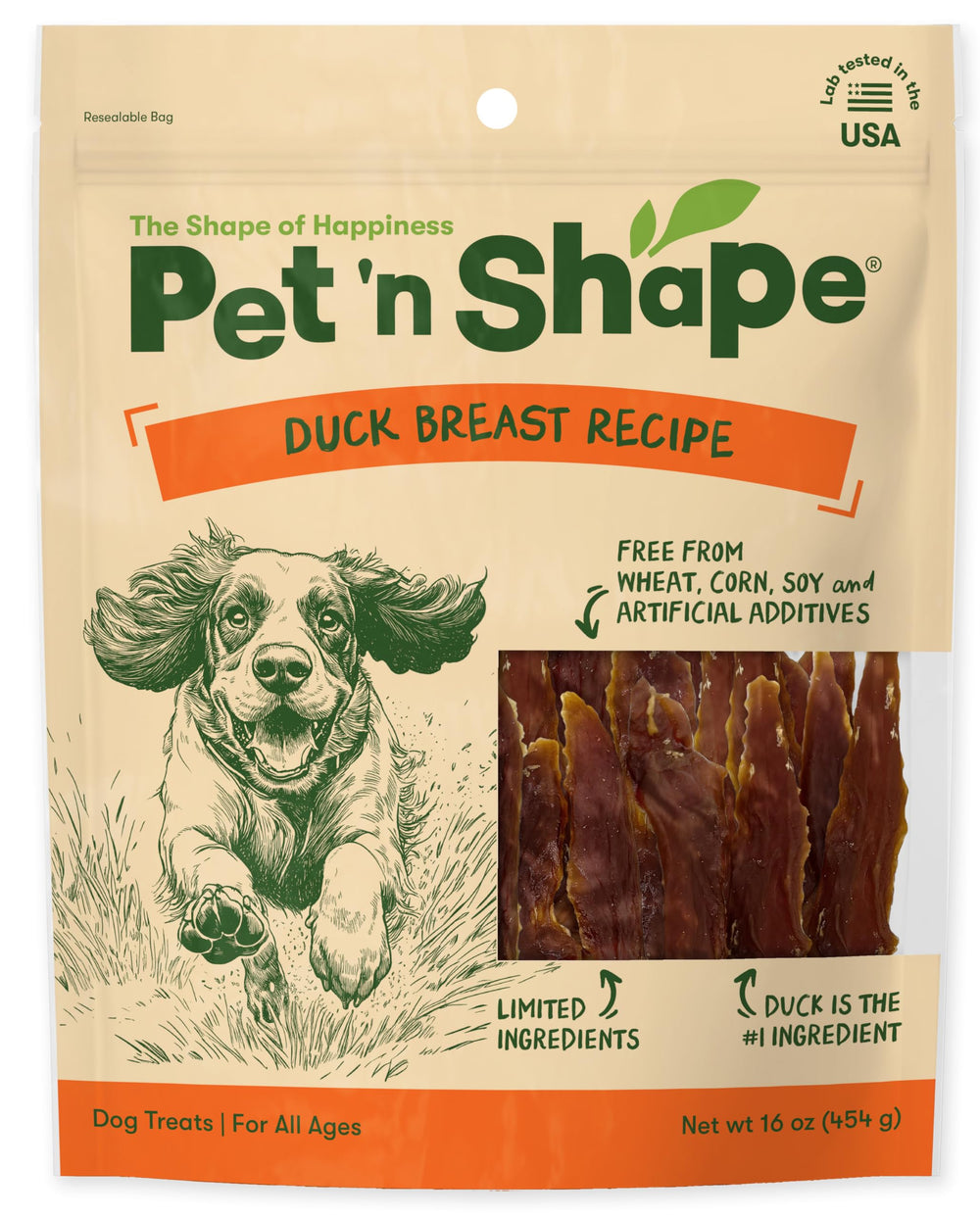 Pet 'n Shape duck breast jerky packaging shows resealable bag for freshness.