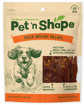 Pet 'n Shape duck breast jerky packaging shows resealable bag for freshness.