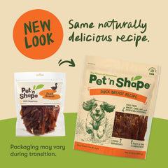 Pet 'n Shape duck breast jerky serving bowl with ready-to-serve pieces.