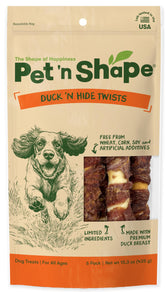 Pet 'n Shape Duck 'n Hide Twist duck-wrapped rawhide treat for dogs, flavorful training reward.
