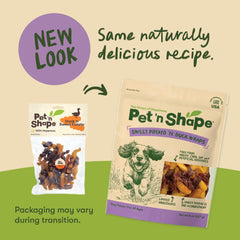 Pet 'n Shape duck-n-sweet-potato treats in resealable packaging for freshness.