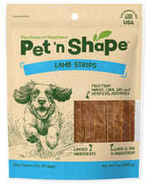 Pet 'n Shape Lamb Strip bag shows resealable packaging for freshness.
