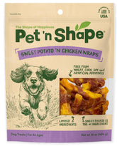 Pet 'n Shape Sweet Potato Chews packaging front, grain-free dog snack.