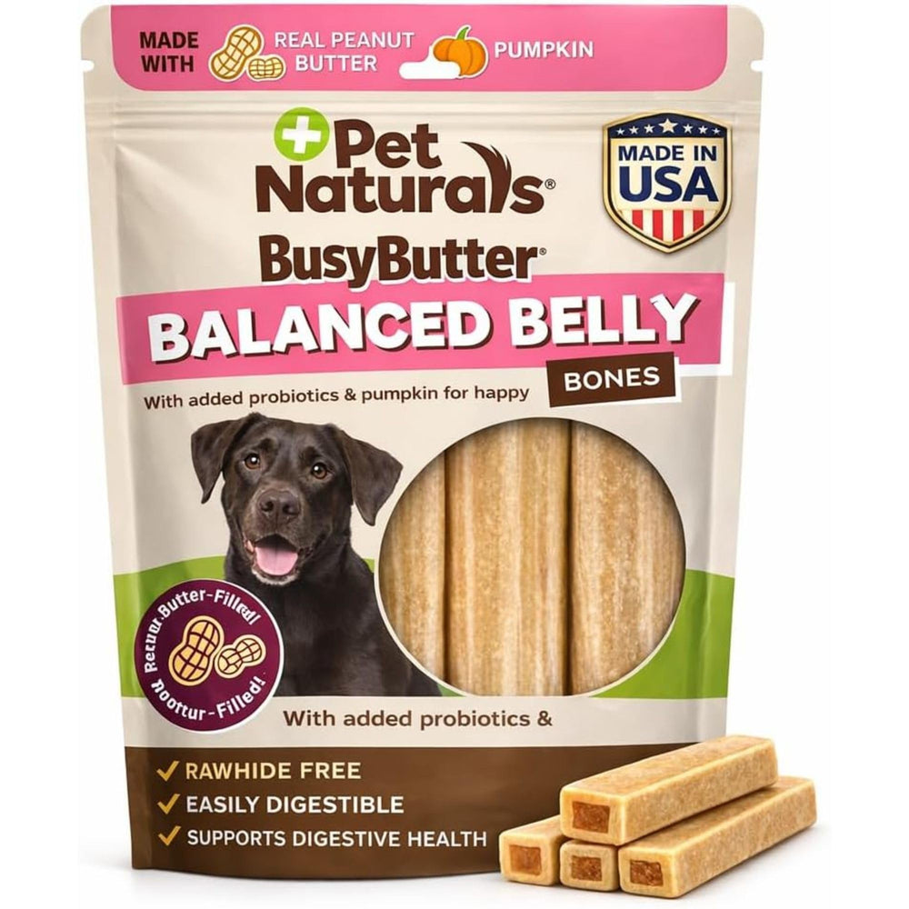 Pet Naturals BusyButter Balanced Belly Bones with peanut butter flavor for enrichment and digestion support.