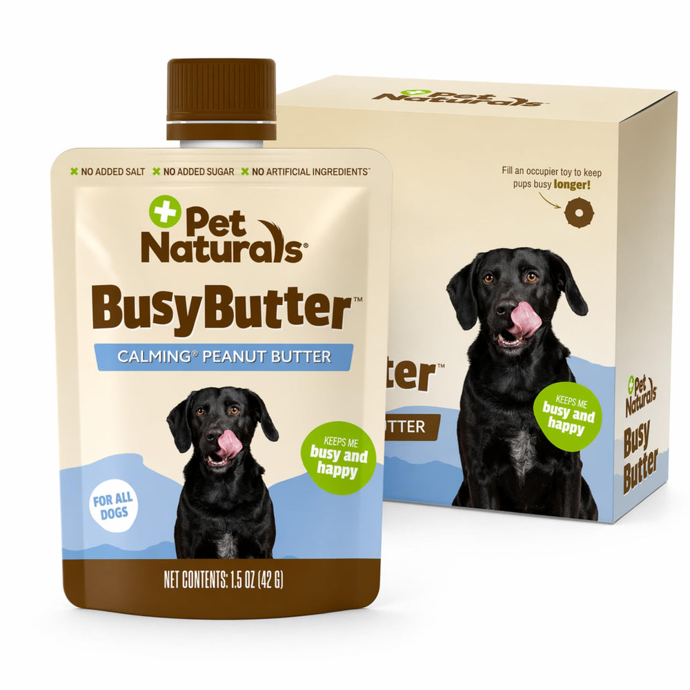 Pet Naturals BusyButter easy-squeeze pouch for on-the-go calming treats.