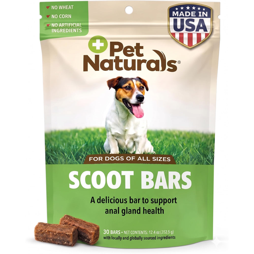 Pet Naturals Scoot Bars with duck flavor bar, highlighting fiber for digestion and anal gland support