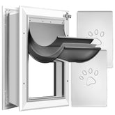 Petoasis 3-flap dog door on wall, silvery white, sturdy front view.