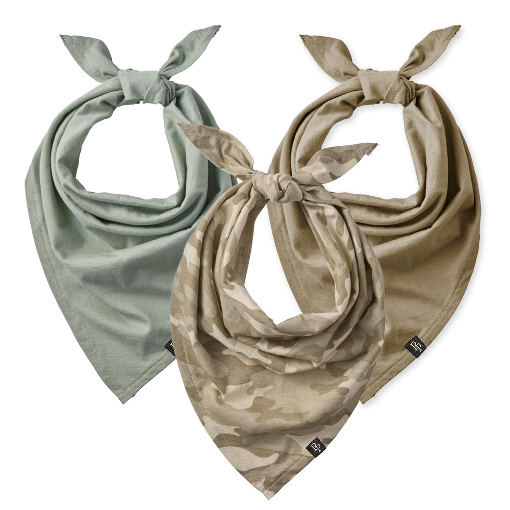 Pet Passion Bandit bandana in sage camo; soft organic cotton for all-day comfort.
