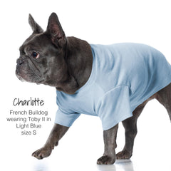 Pet Passion Toby II navy ombre dog tee side view highlighting curved neck design for easy harness access during walks.
