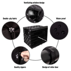 Pet Prime crate cover shows waterproof Oxford fabric for weatherproof protection.