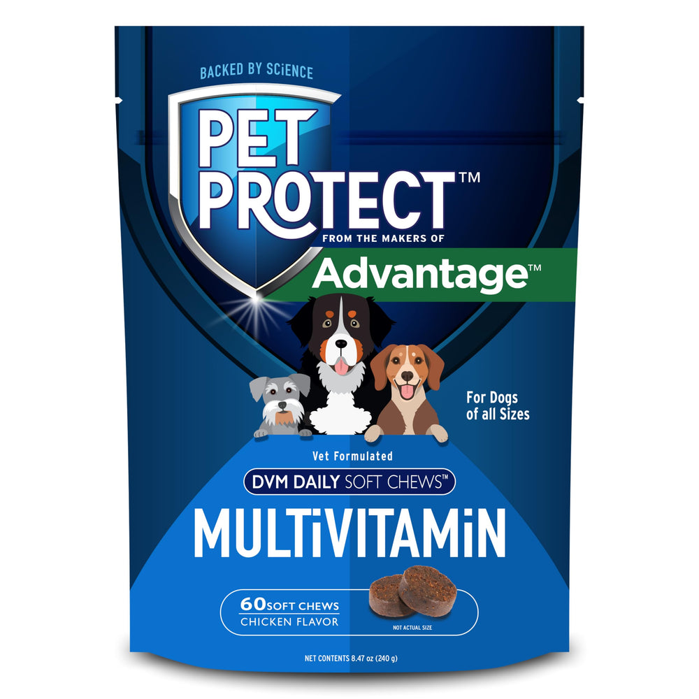Pet Protect dog multivitamin bottle with chicken-flavored soft chews for daily wellness.
