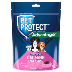 Pet Protect fast-acting calming soft chews in a bottle help dogs relax quickly