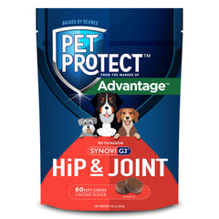 Pet Protect hip joint soft chews support flexible movement for active dogs.