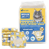 Pet Soft disposable cat diapers packaging shows medium fit for cats.