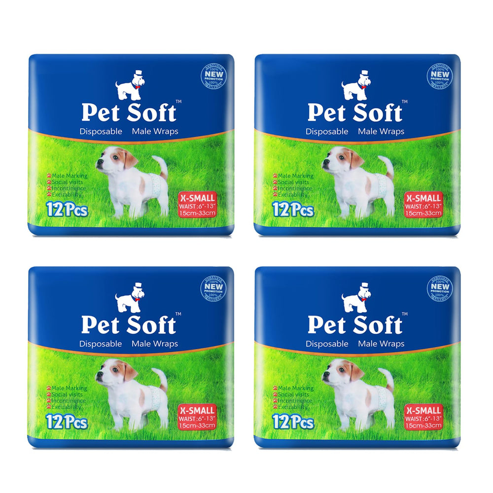 Pet Soft disposable dog wraps for small waists (6–13 inches), secure fit.