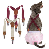 Pet Soft dog suspenders brown and burgundy set securely hold diapers with adjustable fit.