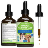 Pet Wellbeing Adrenal Harmony Gold bottle for dogs supports balanced energy and daily use.