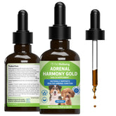 Pet Wellbeing Adrenal Harmony Gold bottle for dogs, a liquid supplement supporting adrenal balance.